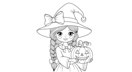 Cute coloring page of a pretty young witch with long braids and a big bow on her hat, holding a jack-o-lantern pumpkin.