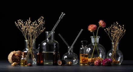 Classic laboratory setup featuring essential oils, dried flowers, botanical materials, and sophisticated antique glassware used for complex scent creation ,formulation ,floral ,raw material