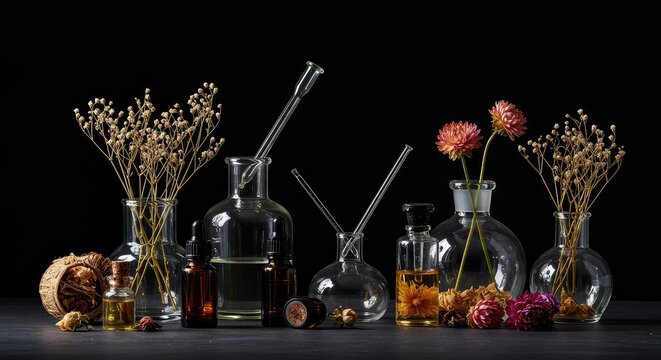 Classic laboratory setup featuring essential oils, dried flowers, botanical materials, and sophisticated antique glassware used for complex scent creation ,formulation ,floral ,raw material