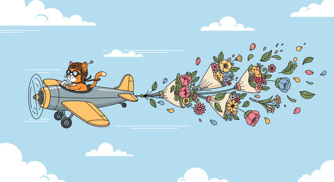 Charming cat pilot in vintage aviator gear flies a propeller plane, pulling a trail of beautiful flower bouquets through the sky.
