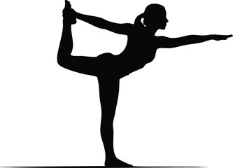 Fototapeta premium Minimalist silhouette side view yoga dancer pose balancing on one leg with extended arm and bent back leg holding foot ponytail calm studio shadow flat vector