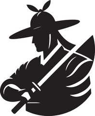 A striking black silhouette of a Korean warrior in profile, adorned with a traditional wide-brimmed hat and holding a classic sword.