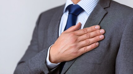 A man wearing a suit and tie is giving a heart shape with his hand. Concept of professionalism and formality, as the man is dressed in a suit and tie