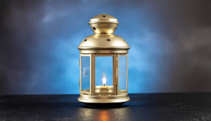 A brass lantern with a lit candle inside sits on a dark surface against a blue-lit background, symbolizing Ramadan.