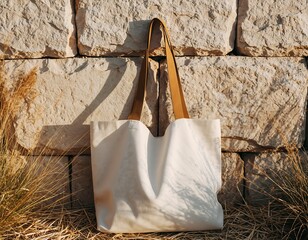 Minimalist Neutral Tote Bag with Leather Handles on Stone Background
