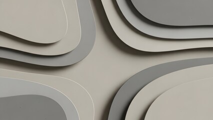 This image showcases a modern abstract design featuring layered gray and beige shapes. The composition is characterized by clean lines, smooth curves, and a minimalist aesthetic. The neutral tones and