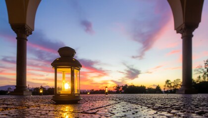 A lantern glows warmly under an archway during a colorful sunset with pink, orange, and blue hues in the sky, symbolizing Ramadan.