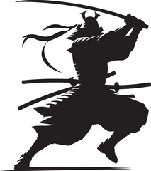 Dynamic silhouette of a samurai warrior in traditional armor and helmet, mid-action pose, holding a katana sword ready to strike.