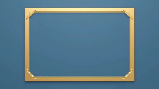 Gold picture frame on a blue wall with a white background, showcasing a decorative border and ornate corners in a close-up view.