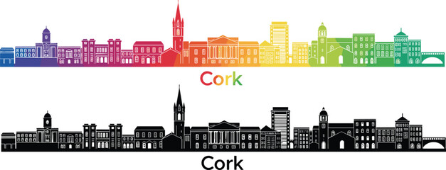 Cork city skyline, Ireland landmark, colorful and black silhouette, architectural illustration, urban design, travel icon, gradient art, cityscape branding
