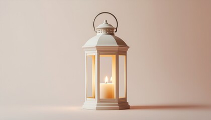A white lantern with a lit candle inside sits on a surface against a soft pink background during Ramadan.