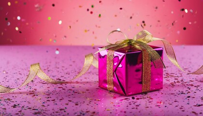 Festive Shiny Wrapped Gift Box with Golden Ribbon Celebration Background