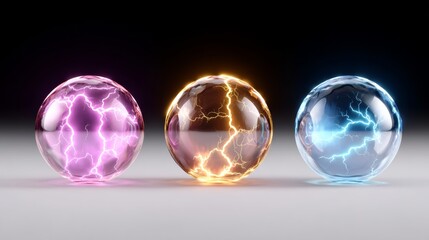 Three glowing orbs with lightning bolts on them. The orbs are in different colors, with one being pink, one being yellow, and one being blue. The orbs are surrounded by a white background