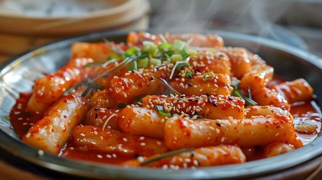 A close up of tteokbokki in a metal bowl garnished with sesame seeds and green onions on a table