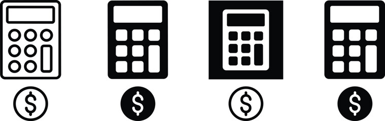 Solid and Outline Vector Icon Set Featuring Electronic Calculators Paired with Dollar Currency Symbols for Financial Planning