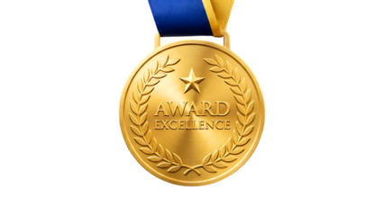 Gold medal with blue and yellow ribbon excellence isolated on a transparent background blue ribbon star