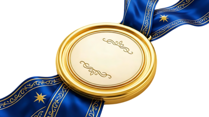 Gold medal with blue ribbon and gold stars isolated on a transparent background decoration shiny