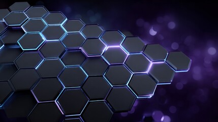 A black and purple image of a hexagonal pattern with a blue light shining on it. The image has a futuristic and technological feel to it