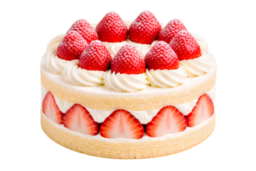 strawberry shortcake with layers of soft sponge cake and rich whipped cream topped with ripe red strawberries isolated on a transparent background for bakery dessert presentation