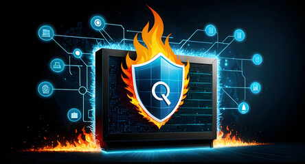 Secure server firewall shield fire representing cybersecurity threat landscape with network icons and glowing connections evoking urgency