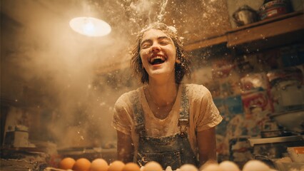 Joyful Young Baker with Flour and Eggs in a Cloud of Baking Dust