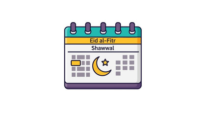 Digital illustration of a calendar marking Eid al-Fitr in Shawwal with a crescent moon and star on a white background.
