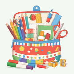 Colorful Pencil Case Filled with School Supplies Illustration.