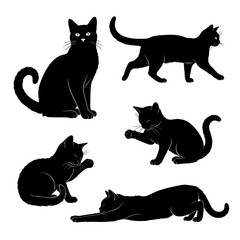 Elegant Black Cats - A Collection of Feline Silhouettes in Various Poses.