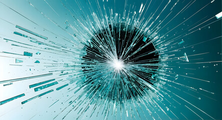 Obraz premium Cybersecurity threat landscape radial burst glass shatter abstract digital impact center explosion