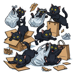 Mischievous Black Cats Playing with Boxes and Bags.