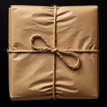 Close-up texture of crinkled brown paper securely wrapping a rectangular object, tightly fastened with rough natural fiber twine ,package ,logistics ,detail