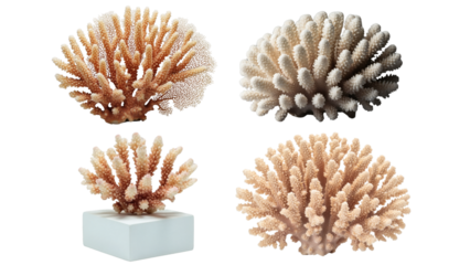 Four coral structures, rendered in detail, showcasing varied forms and textures against a black background