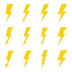 Collection of Yellow Lightning Bolt Illustrations on White Background.