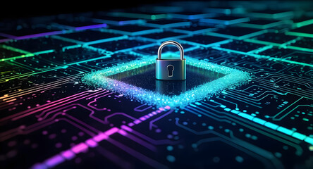 Cybersecurity threat landscape secure lock on glowing circuit board symbolizing digital protection and evolving risk in modern networked systems