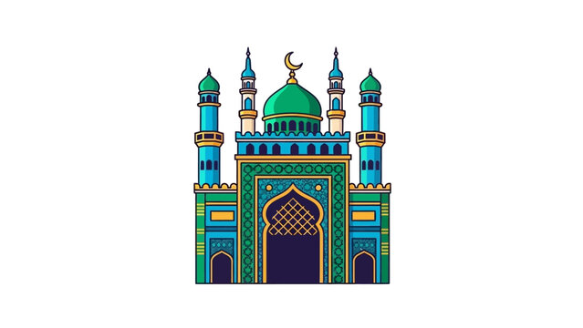 Illustration of a colorful mosque with a large green dome and minarets against a white background.