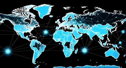 Cybersecurity threat landscape global network map glowing continents digital connection security visualization urgent awareness