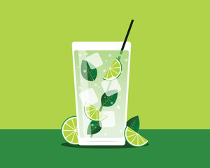 Fresh lime mojito drink illustration with ice cubes and mint leaves in a transparent glass, minimal flat design on green background for beverage, summer and refreshment concepts