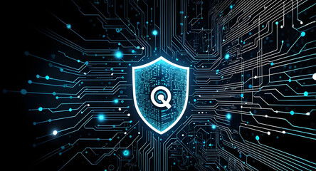 Cybersecurity threat landscape digital shield network protection data security circuit board glowing blue