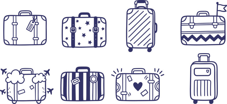 Variety of hand drawn travel suitcase and luggage icons with different patterns and stickers for vacation trip and global tourism concept design