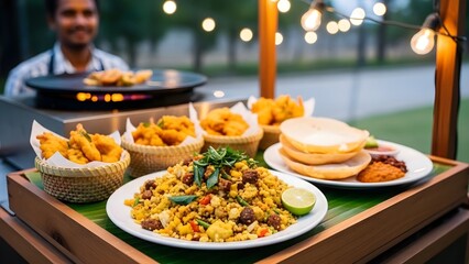 street food presentation, clean setup, shallow depth of field, food photography