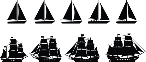 Sailing ship silhouettes, modern sailboats, historical tall ships, nautical icons, maritime design, black illustration, ocean vessels, boat comparison, sea travel © Azom