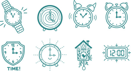 Set of various hand drawn clock and watch icons including alarm clock cuckoo clock and digital timer for time management and schedule