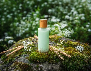 Natural Styled Green Cosmetic Bottle Mockup with Flowers and Moss