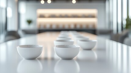 White bowls on a long table