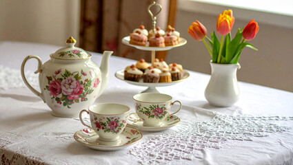 Fototapeta premium Morning Tea Set with Tulip Flowers