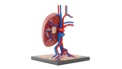 Anatomical illustration of a human kidney with renal artery and vein png isolated transparent background