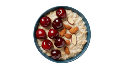 Bowl of oatmeal with cherries and almonds breakfast isolated on a transparent background
