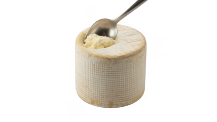 Brie cheese with a spoon scooping out a portion white isolated on a transparent background