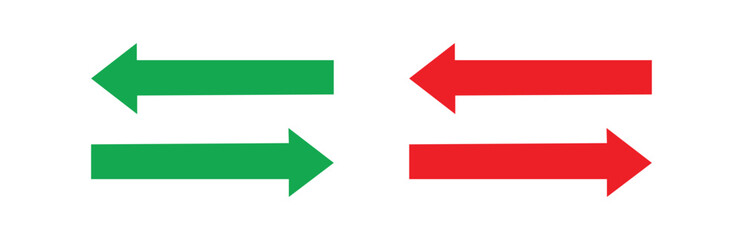 Set of two green and two red arrows pointing left and right respectively, isolated on a white background, representing direction, movement, and choices in a clean, graphic style.