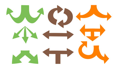 Set of triple and double direction arrows pointing different ways, for strategy, growth, choice and decision making concepts, modern flat vector illustration.